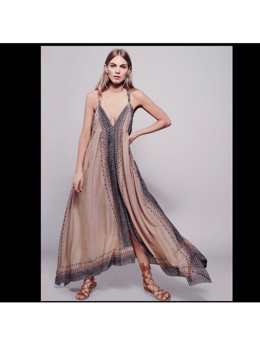 Free People Tan Maxi Dress with Black Geometric Trim